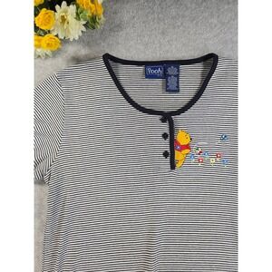 Vintage 90s Pooh Disney Womens Striped Short Sleeve Henley Shirt Top Size Medium